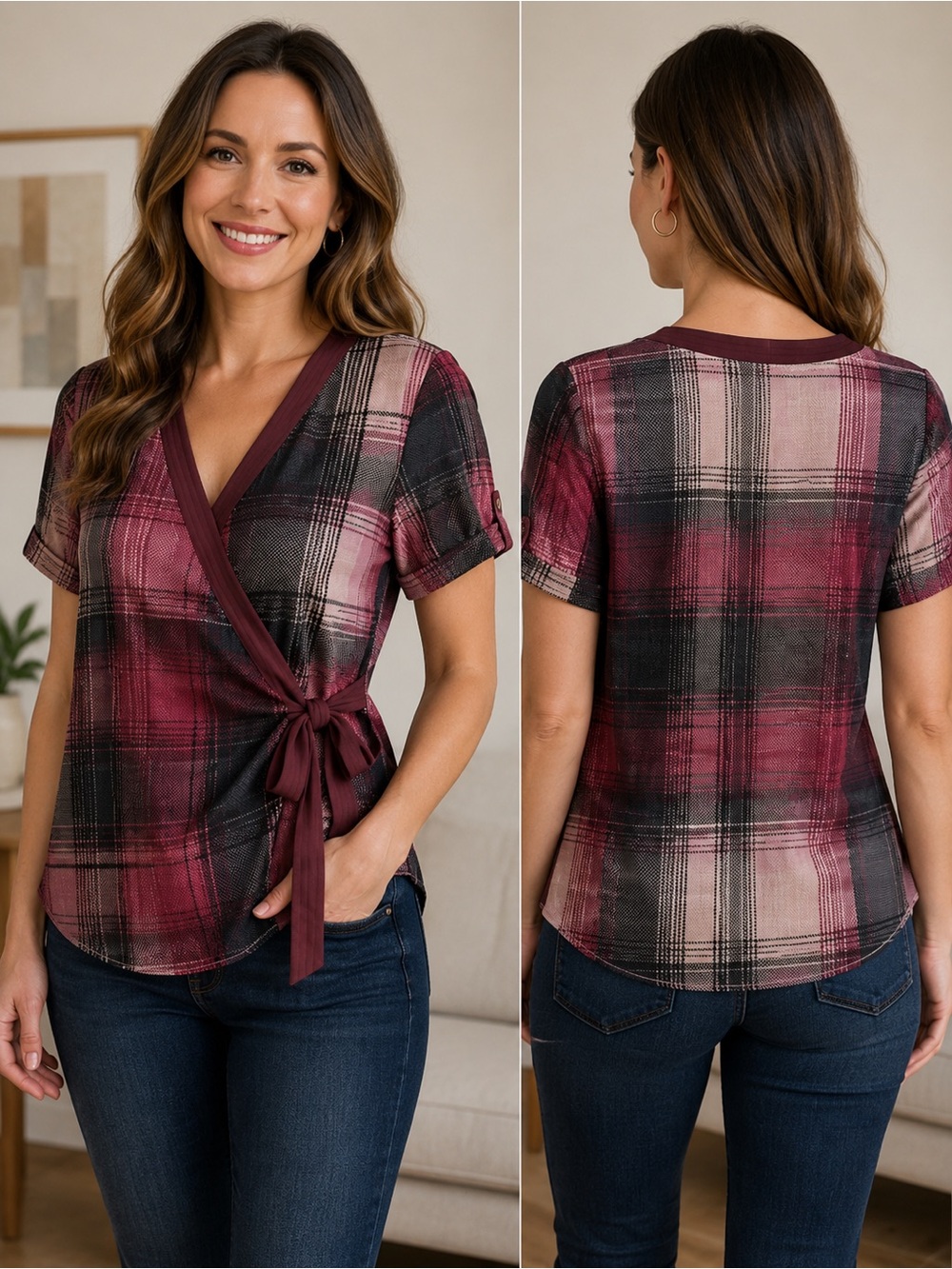 Mixit Burgundy Pink Plaid Wrap Top Blouse Tie Waist Short Sleeve XL